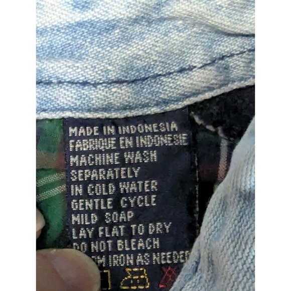 Vintage Siegfried Rugby Shirt Navy Blue Denim Collar Plaid Trim 90s Large XL - Picture 10 of 14